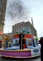 Elena Ford on Ford's float in Thanksgiving Day parade